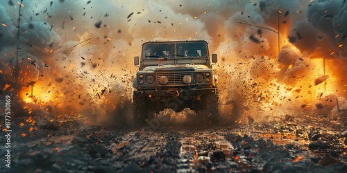 Dramatic Military Vehicle in Urban Combat, generative ai