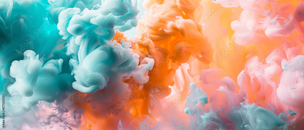 Fototapeta premium Vivid swirls of teal, orange, and pink create an ethereal and dynamic abstract cloudscape, full of motion and energy.