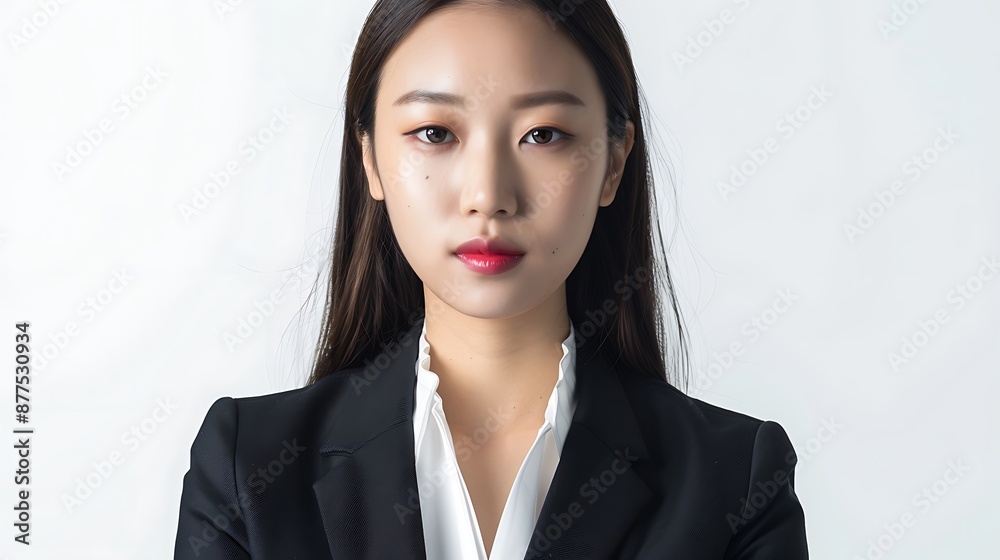 Professional Asian woman, Korean makeup, straight hair, office suit, posing cleanly, white background. 32k, full ultra HD, high resolution Professional Asian woman, Korean makeup, straight hair, office suit, posing cleanly, white background. 32k, full ultra HD, high resolution