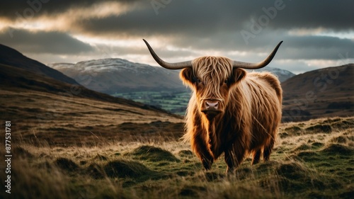 A highland cow stands in a field with mountains in the background during a cloudy and dramatic sunset. photo