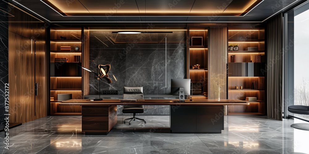 Luxury minimalist office space with a surreal touch, featuring modern design elements and warm lighting. Luxury minimalist office space with a surreal touch, featuring modern design elements and warm lighting.