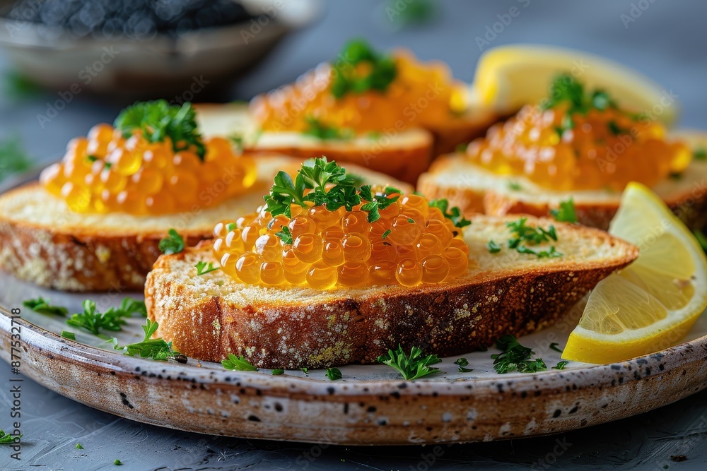 A plate of caviar on buttered toast, garnished with lemon wedges and fresh parsley. A plate of caviar on buttered toast, garnished with lemon wedges and fresh parsley.