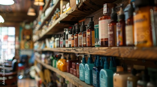 A close-up shot of wooden shelves filled with various bottles and products in a rustic shop. The shelves are stacked high, and the products are displayed in a variety of sizes and colors.