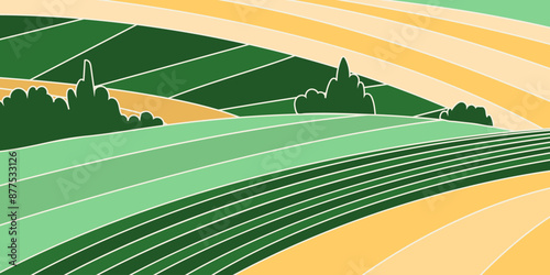 Abstract agriculture field or farm card banner. Vineyard valley pattern, countryside landscape, eco horizontal panorama template. Green nature organic background
