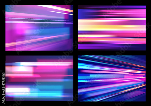 High speed light lines vector backgrounds set, colorful dynamic trails with motion blur effect, long time exposure flare