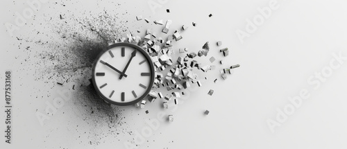A traditional clock exploding into fragments against a white background, conveying the concept of time and its fleeting, destructive nature.