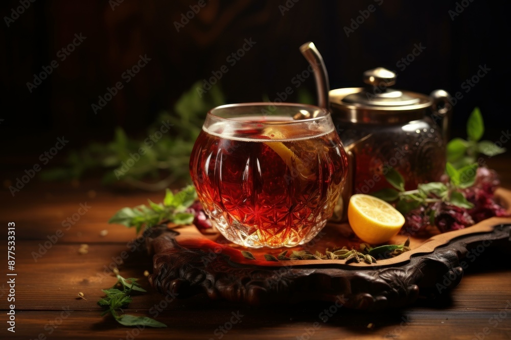 Rustic Turkish tea in traditional glass on wooden background. Fresh drink liquid turkey. Generate Ai Rustic Turkish tea in traditional glass on wooden background. Fresh drink liquid turkey. Generate Ai