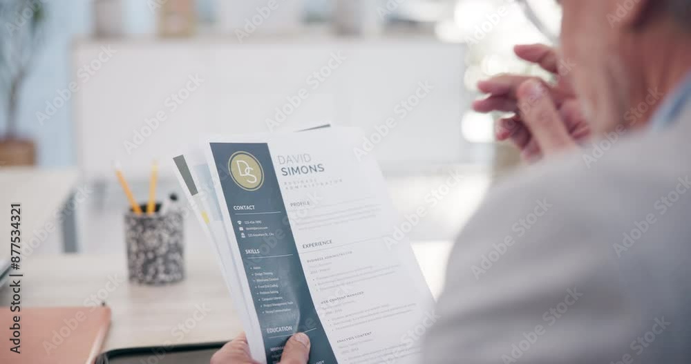 Businessman, hands and reading resume with documents for hiring, recruiting or interview of candidates at office. Closeup of man, employer or recruiter with paperwork or career CV for job opportunity