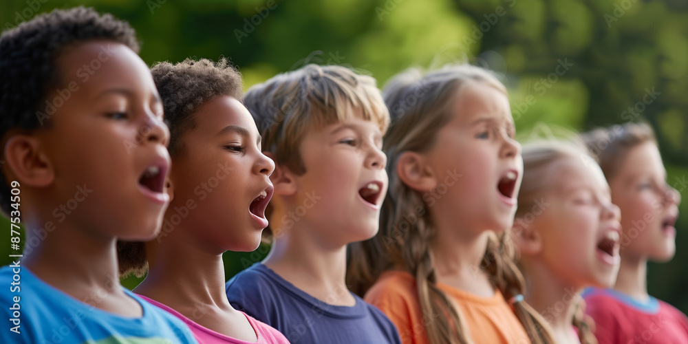 Group of diverse boys and girls singing together at choir rehearsal. Children choir performing in a kindergarten. Encouraging creativity in small kids. Group of diverse boys and girls singing together at choir rehearsal. Children choir performing in a kindergarten. Encouraging creativity in small kids.
