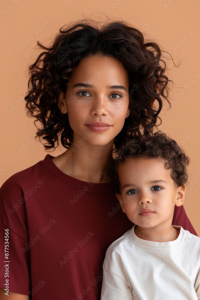 Vertical portrait of a smiling woman in a burgundy T-shirt and her child in a beige sweater on an orange background. Vertical portrait of a smiling woman in a burgundy T-shirt and her child in a beige sweater on an orange background.