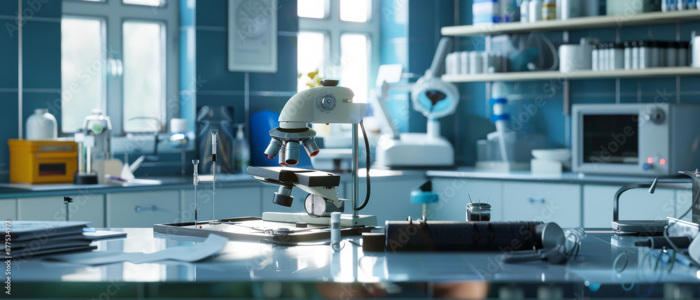 A bright, modern laboratory room features a central microscope, flanked by scientific instruments and supplies, bathed in natural light through large windows. A bright, modern laboratory room features a central microscope, flanked by scientific instruments and supplies, bathed in natural light through large windows.