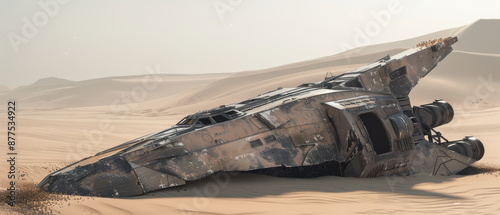 Another spaceship wreck, appearing more mechanical, lies desolate in an endless sandy desert, hinting at lost expeditions. photo