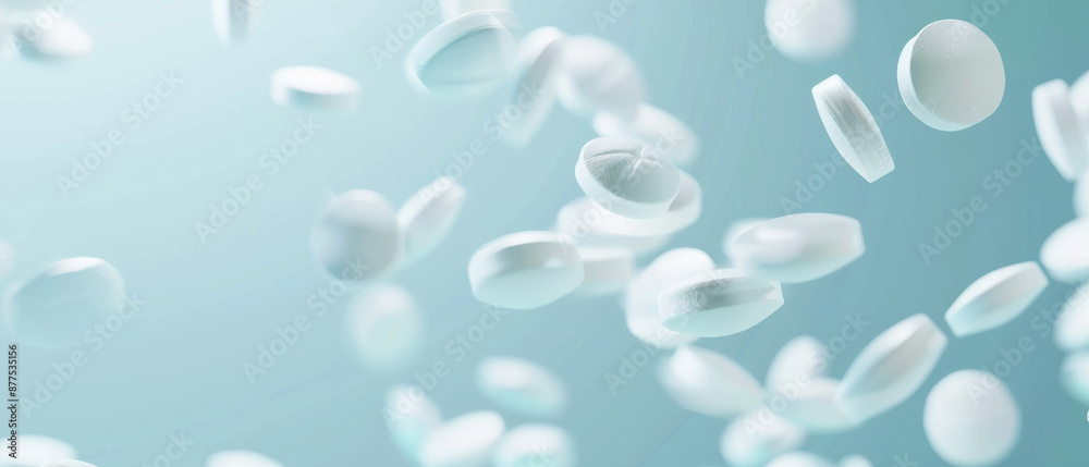 White pills are seemingly floating in mid-air against a light blue background, creating a surreal, almost ethereal scene. White pills are seemingly floating in mid-air against a light blue background, creating a surreal, almost ethereal scene.