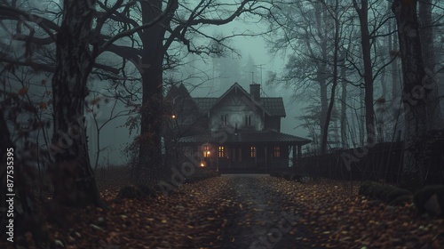 A dark house in the wilderness in cloudy weather.
