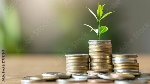 Green plant emerging from a stack of coins, symbolizing the benefits of interest and investment growth, [plant growing in savings coins], [financial growth]