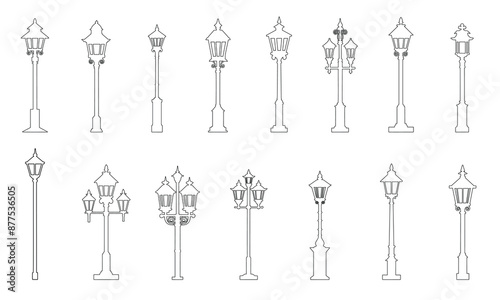 Collection of streetlights in doodle style. Hand drawn vector art.