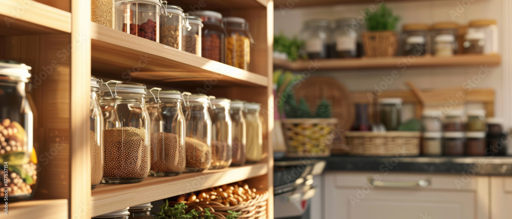 Well-stocked kitchen shelves lined with glass jars and wicker baskets, showcasing a blend of modern and rustic sensibilities for organized culinary space. Well-stocked kitchen shelves lined with glass jars and wicker baskets, showcasing a blend of modern and rustic sensibilities for organized culinary space.