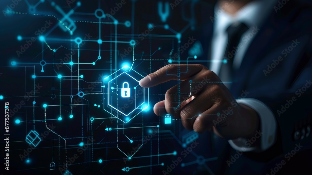 Businessman touches data security icon projection Businessman touches data security icon projection