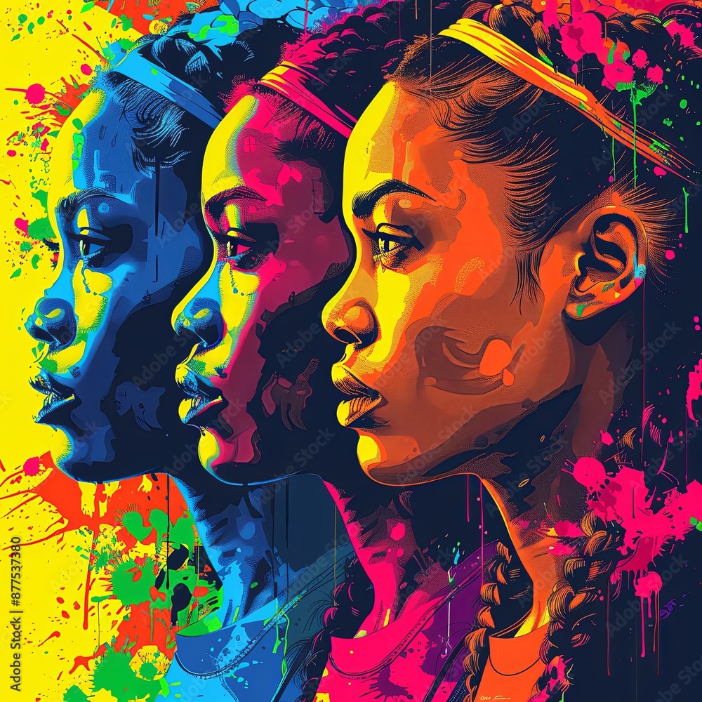Naklejka premium Three women are depicted in a vibrant painting with colorful hues. The artwork captures their facial expressions in a display of artistry and magenta tones
