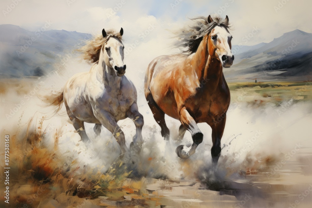 Obraz premium Muscular Two horses run. Abstract modern color. Generate Ai