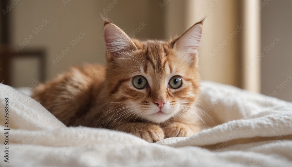 A ginger kitten's curious gaze from a soft white bed A ginger kitten's curious gaze from a soft white bed