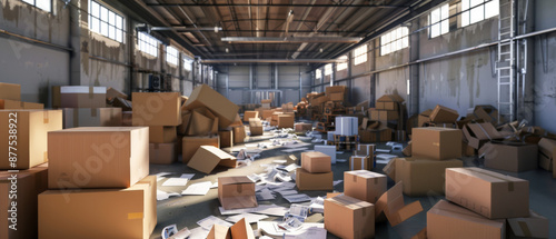 Large warehouse interior scattered with countless cardboard boxes, suggesting a busy, perhaps unmanaged, storage area. photo