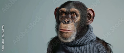 An anthropomorphic chimpanzee dressed in a grey turtleneck, looking thoughtfully forward, evoking a sense of curiosity and intelligence.