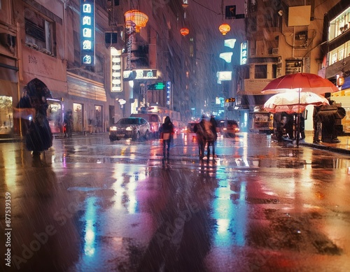 Wallpaper Mural A city street at night in the rain with people holding umbrellas, electric blue lights reflecting off skyscrapers and the wet asphalt Torontodigital.ca