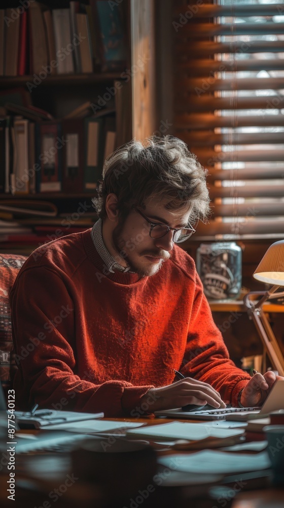 A young man in a red sweater works at a cluttered desk in a cozy. A young man in a red sweater works at a cluttered desk in a cozy.