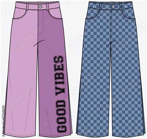UTILITY POCKET DETAIL DENIM PANT WITH SIDE SLIT AND WIDE LEG DETAIL FASHION FLAT DESIGNED FOR TEEN GIRLS AND KID GIRLS IN VECTOR FILE