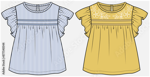 FRILLED WOVEN TOP WITH LADDER LACE AND EMPIRE CUT DETAIL DESIGNED FOR TODDLER GIRL AND KID GIRL IN VECTOR
