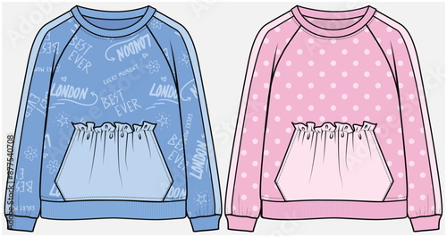 RAGLAN SLEEVES SWEAT TOP WITH TAPE DETAIL AND CONTRAST FRILL KANGAROO POCKET DETAIL DESIGNED FOR TEEN GIRLS AND KID GIRLS IN VECTOR