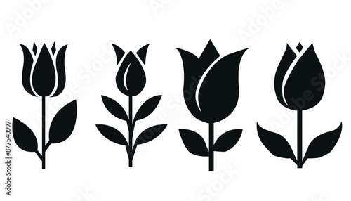 Set of four black silhouette tulip flowers with stems and leaves on white background