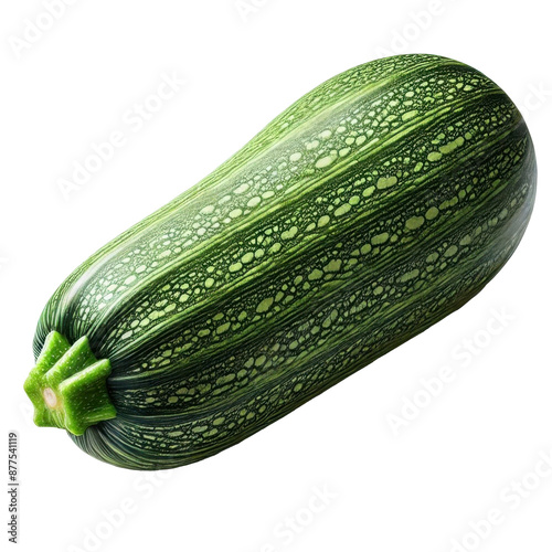 Fresh zucchini with a vibrant green and white mottled skin, isolated on a transparent background
