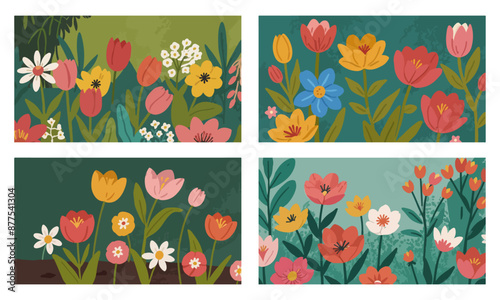 Set of Illustration of Vibrant Colorful Flowers in a Beautiful Garden