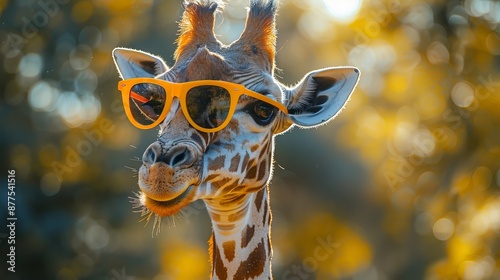 A funny giraffe in bright glasses, chewing something.