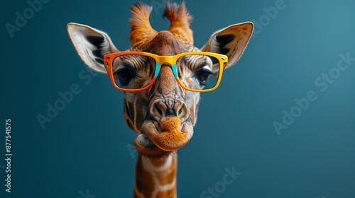 Giraffe with bright glasses, chewing with a smile.
