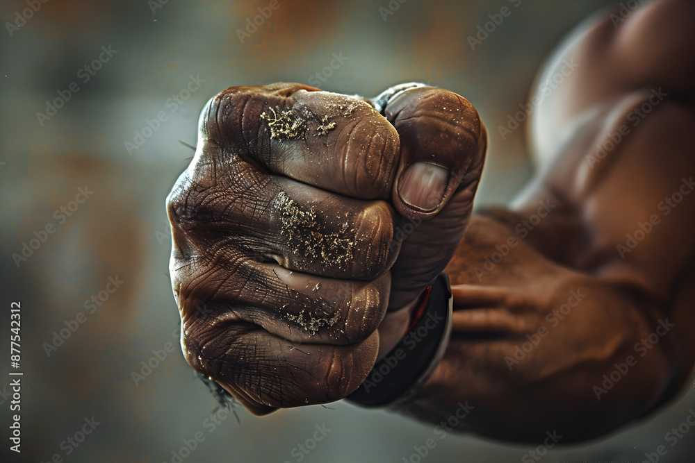 A close-up of a boxer's fists clenched tightly, ready for a fight.
A close-up of a boxer's fists clenched tightly, ready for a fight.