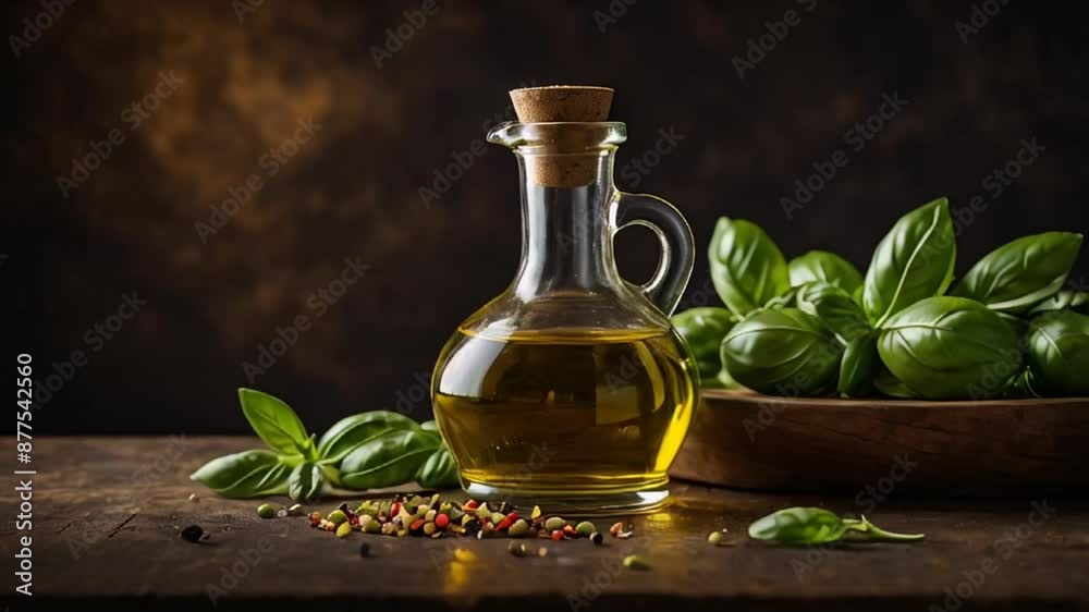Oil in a glass bottle, basil, spices in the kitchen Oil in a glass bottle, basil, spices in the kitchen