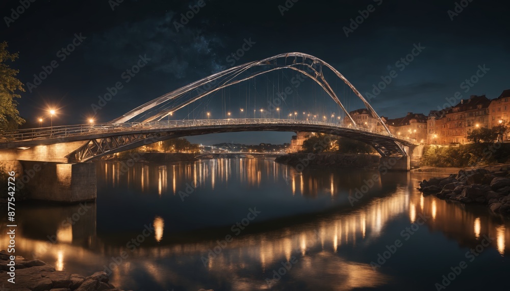 Fototapeta premium A tranquil evening stroll beneath the illuminated bridge