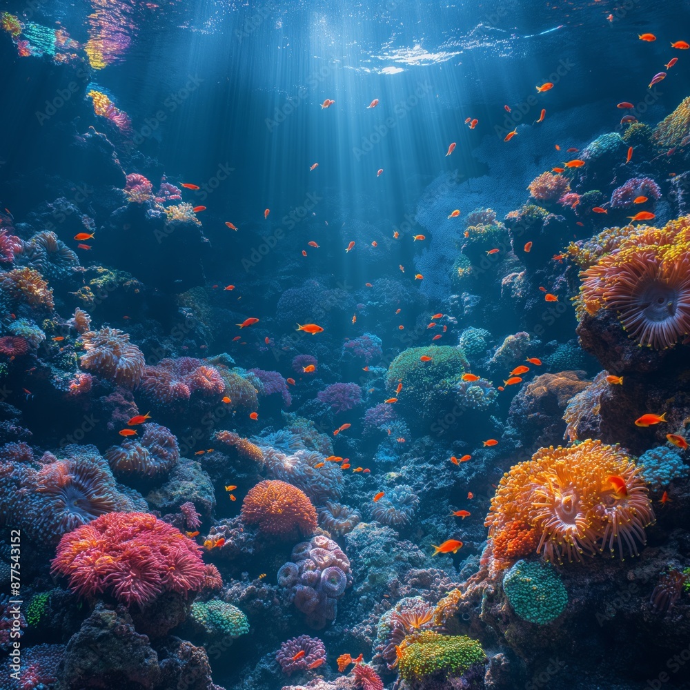 Naklejka premium Colorful Coral Reef with Sunlight Rays