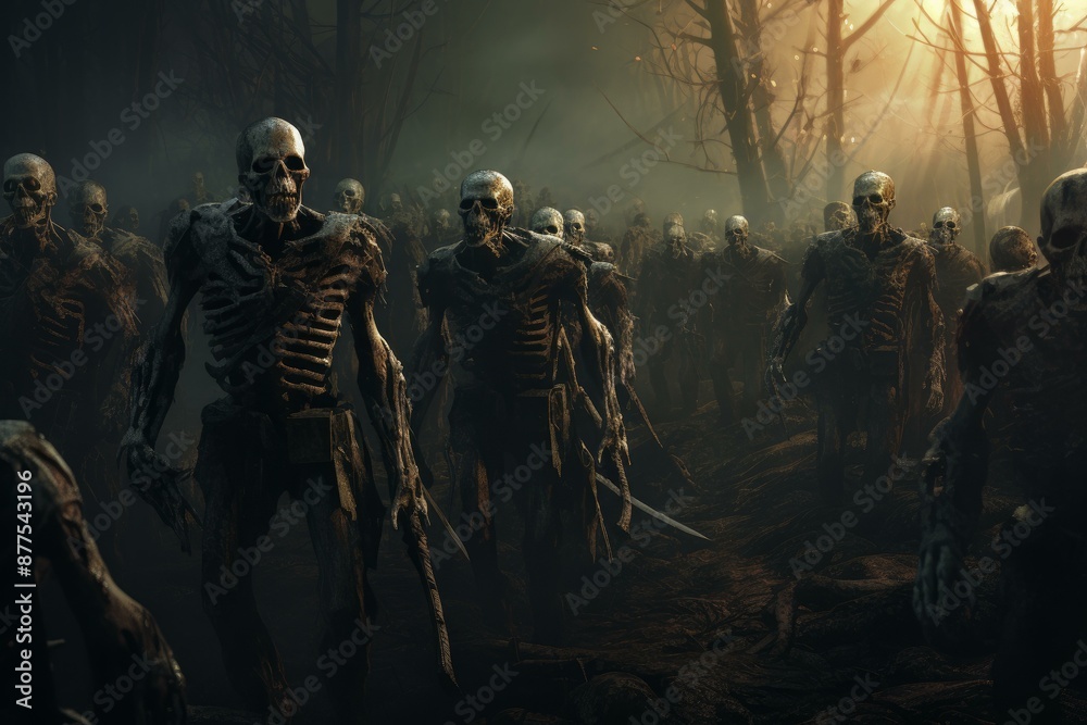 Fototapeta premium Spooky skeletal figures advancing through a misty, ominous forest setting
