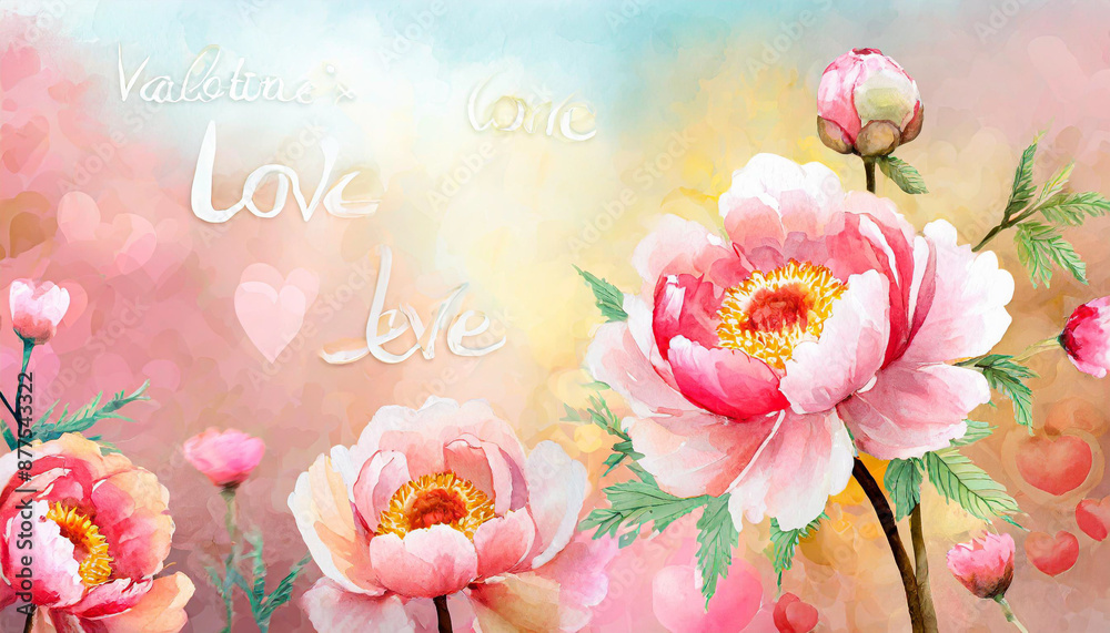romance pastel valentine background color spring peonies design watercolor blossom flower