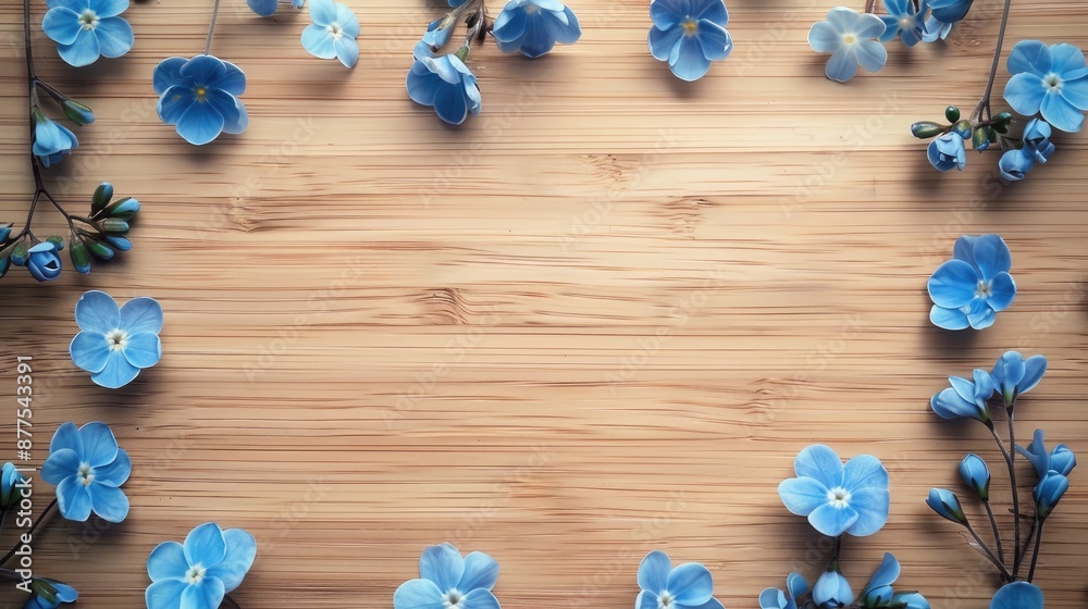 Delicate blue flowers on wooden surface with empty space above Delicate blue flowers on wooden surface with empty space above