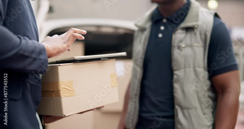 Wallpaper Mural Business, delivery and hand of man with tablet by courier for ecommerce, exchange and signature. Dropshipping, b2b service and people with package by van for product, distribution and digital receipt Torontodigital.ca