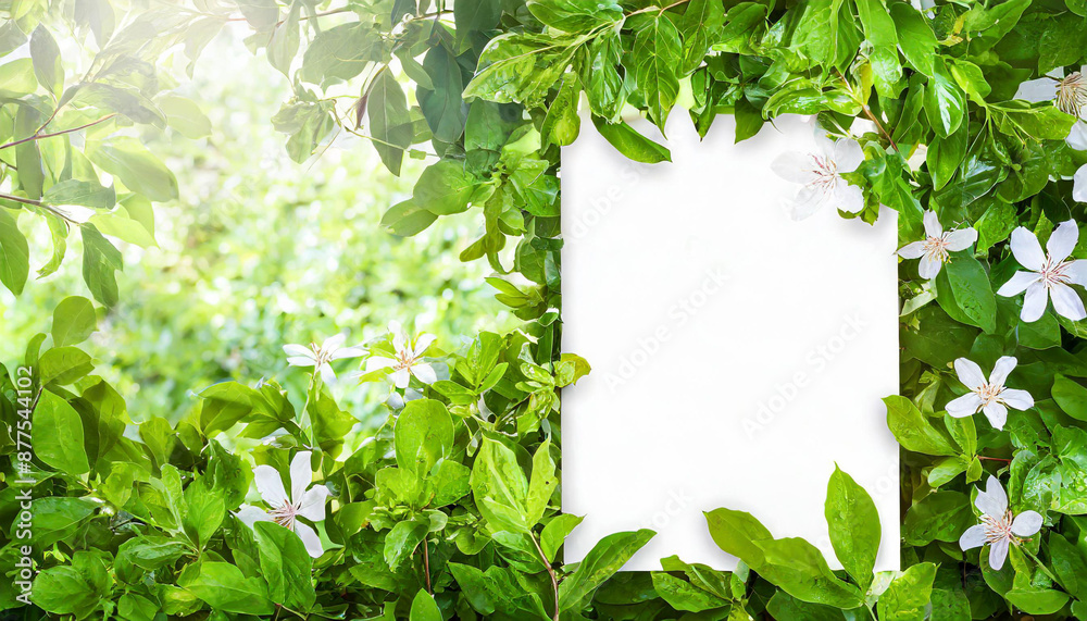 White billboard on spring summer green leaves background White billboard on spring summer green leaves background