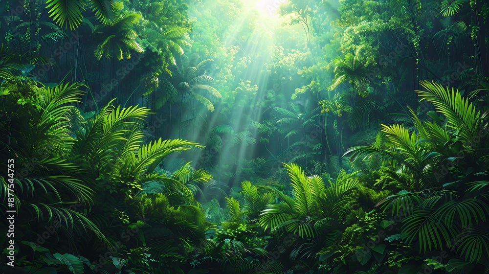 A jungle with tropical flora and dense trees. A jungle with tropical flora and dense trees.
