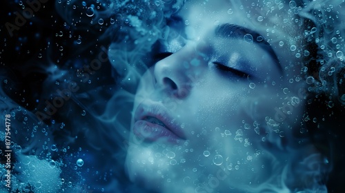 A woman's face, submerged in a pool of water, with bubbles rising around her.