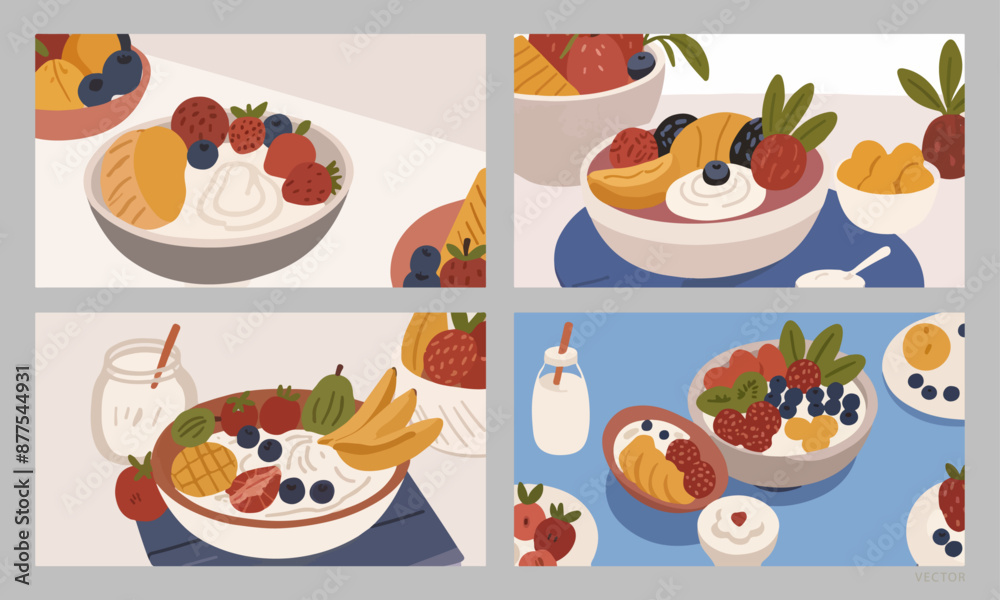 Set of Healthy Breakfast with Fruits and Yogurt Set of Healthy Breakfast with Fruits and Yogurt