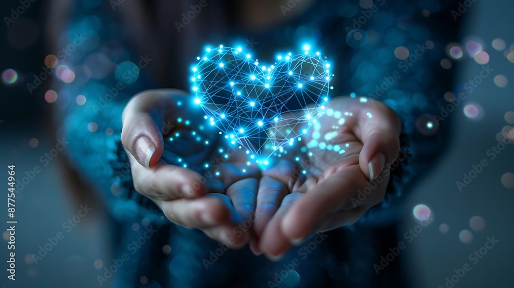 Businesswoman on blurred background holding and touching digital heart Businesswoman on blurred background holding and touching digital heart